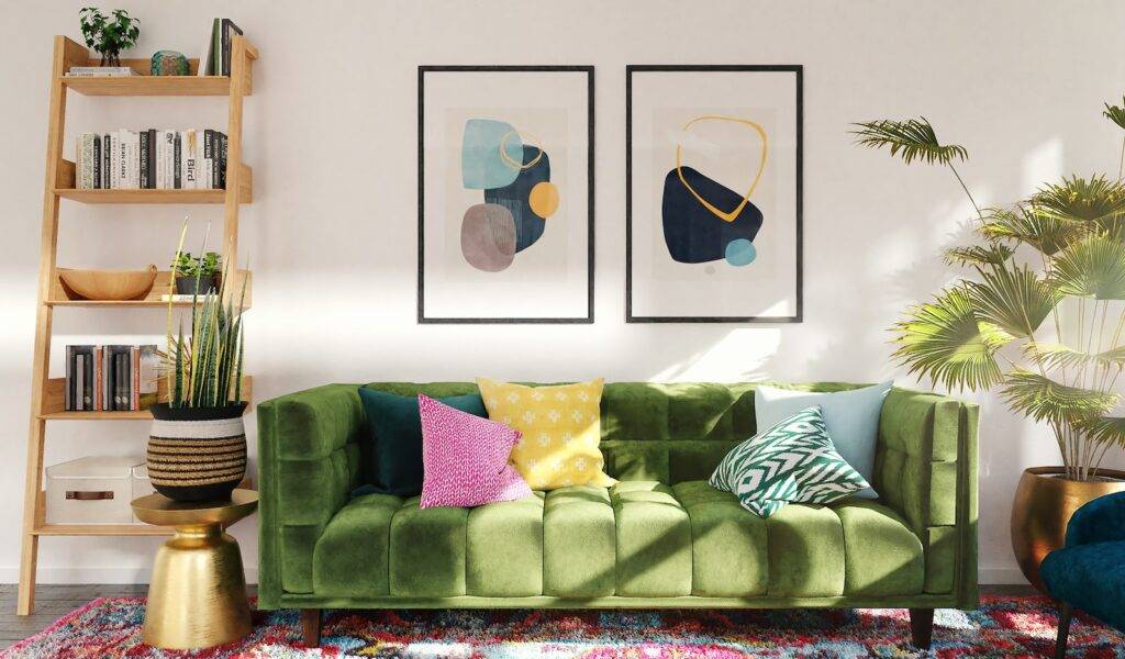 Modern Interior Design: The best guide 5 green and white throw pillows on green sofa