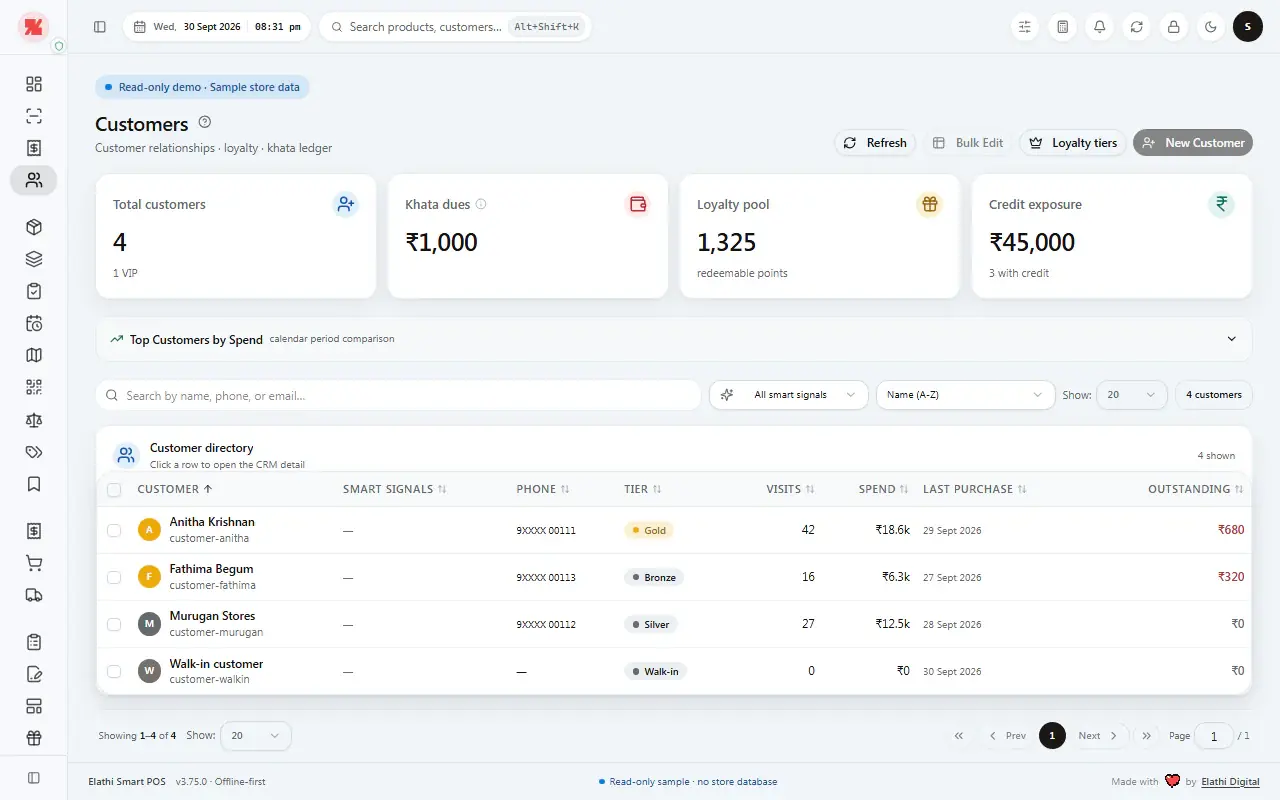 Elathi Smart POS Customer accounts screen