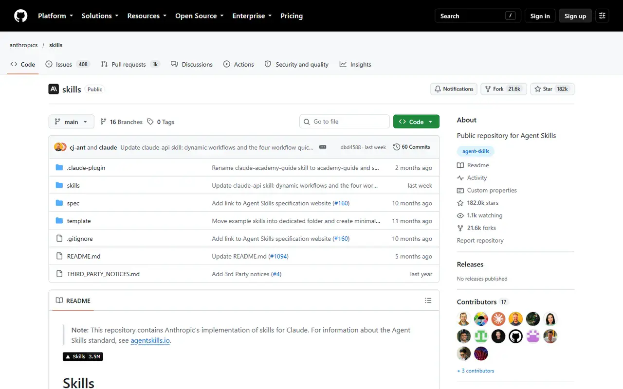 The home page of Anthropic Agent Skills
