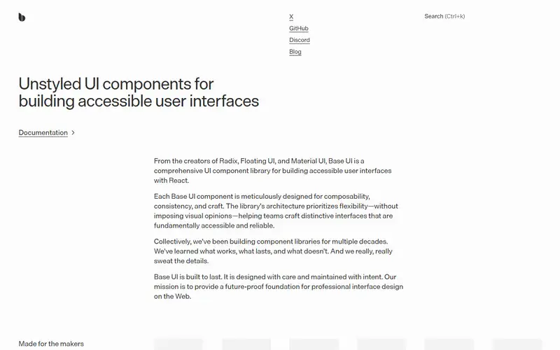 The home page of Base UI