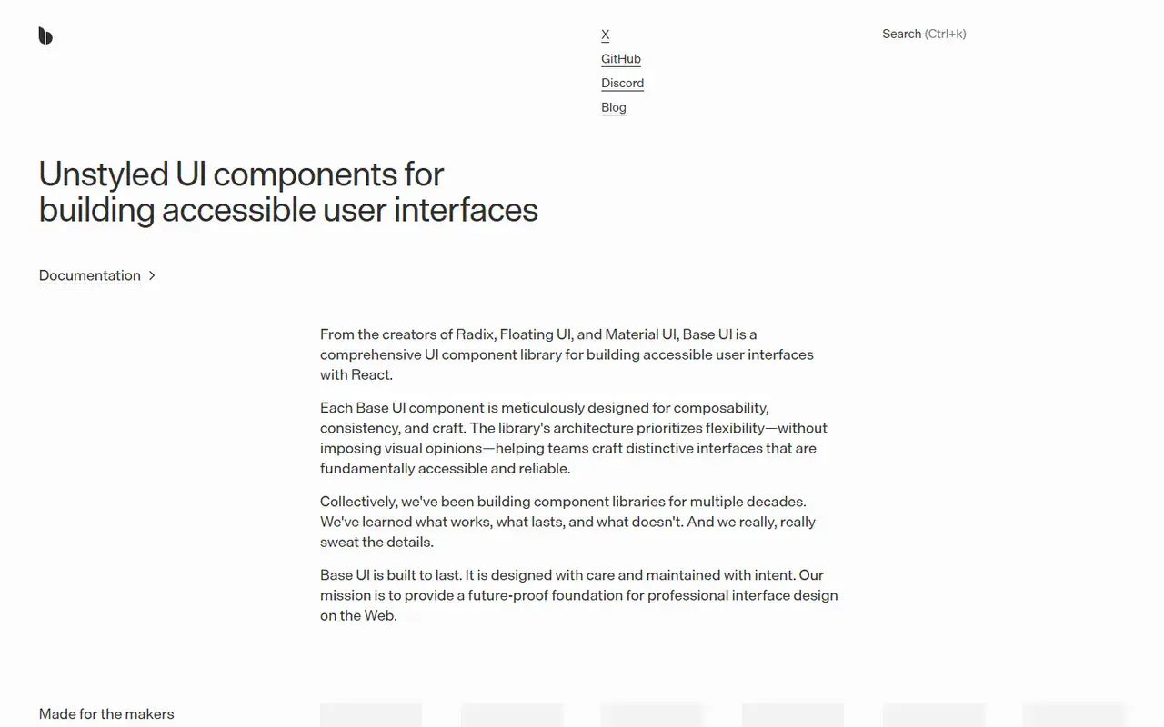 The home page of Base UI