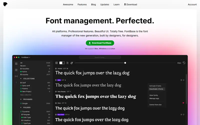 The home page of FontBase