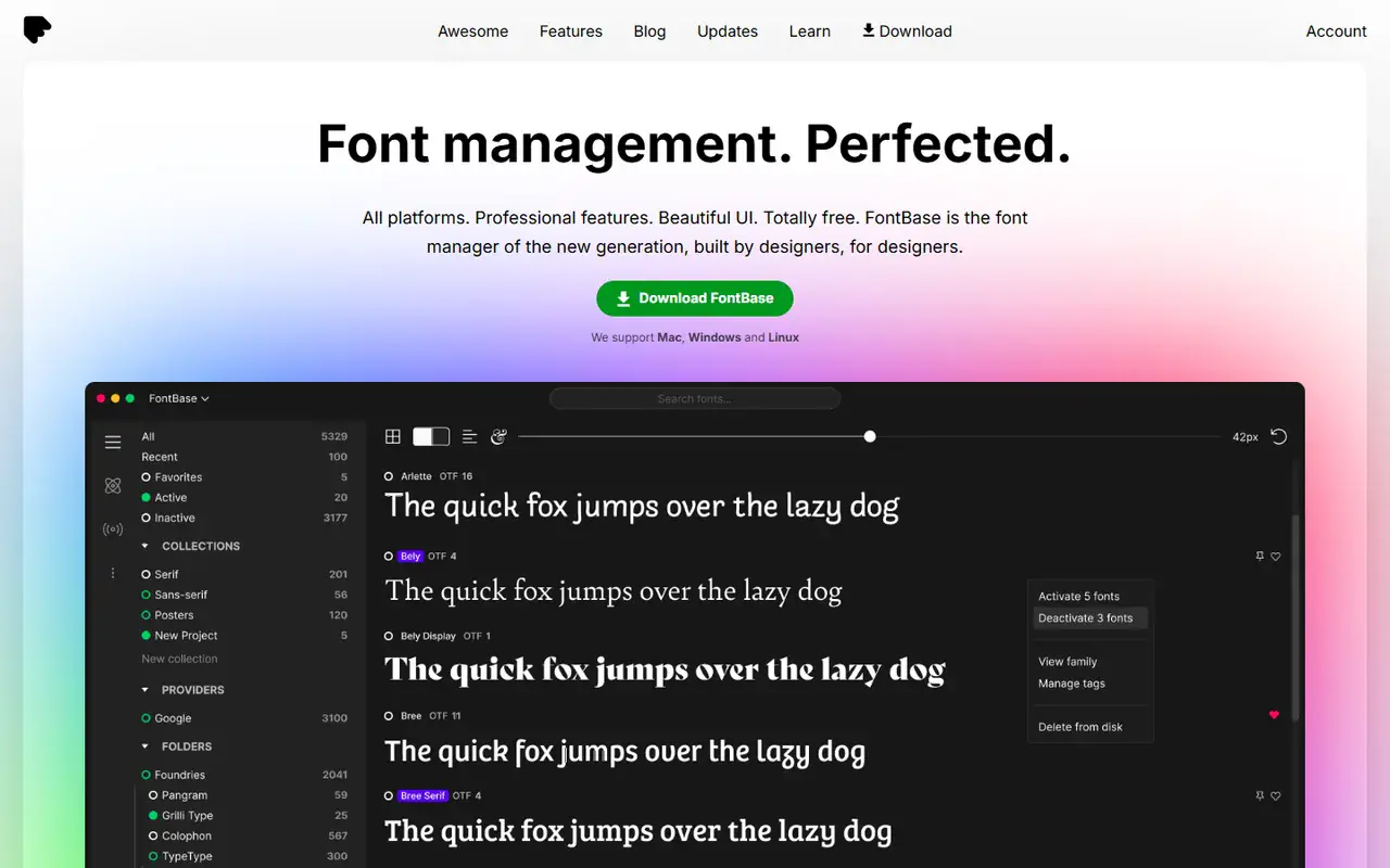The home page of FontBase