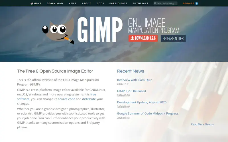 The home page of GIMP