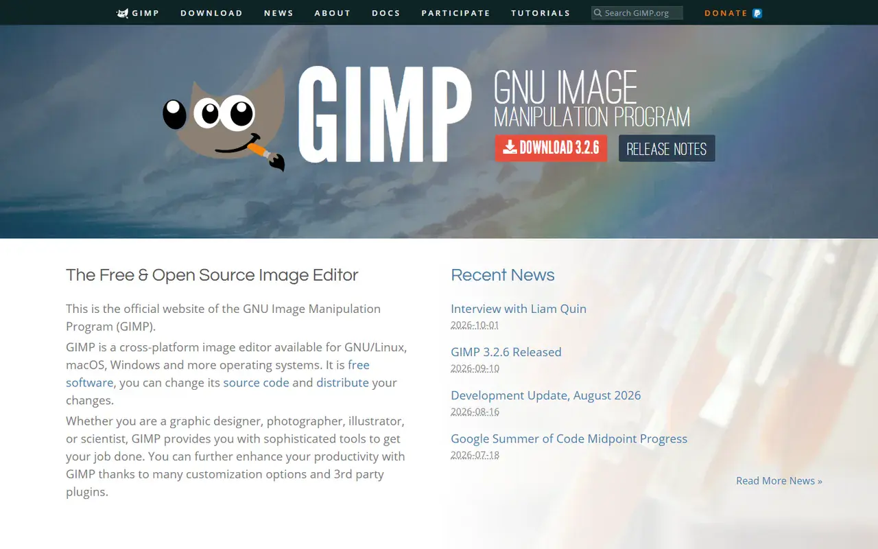 The home page of GIMP
