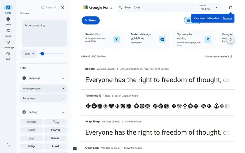 The home page of Google Fonts
