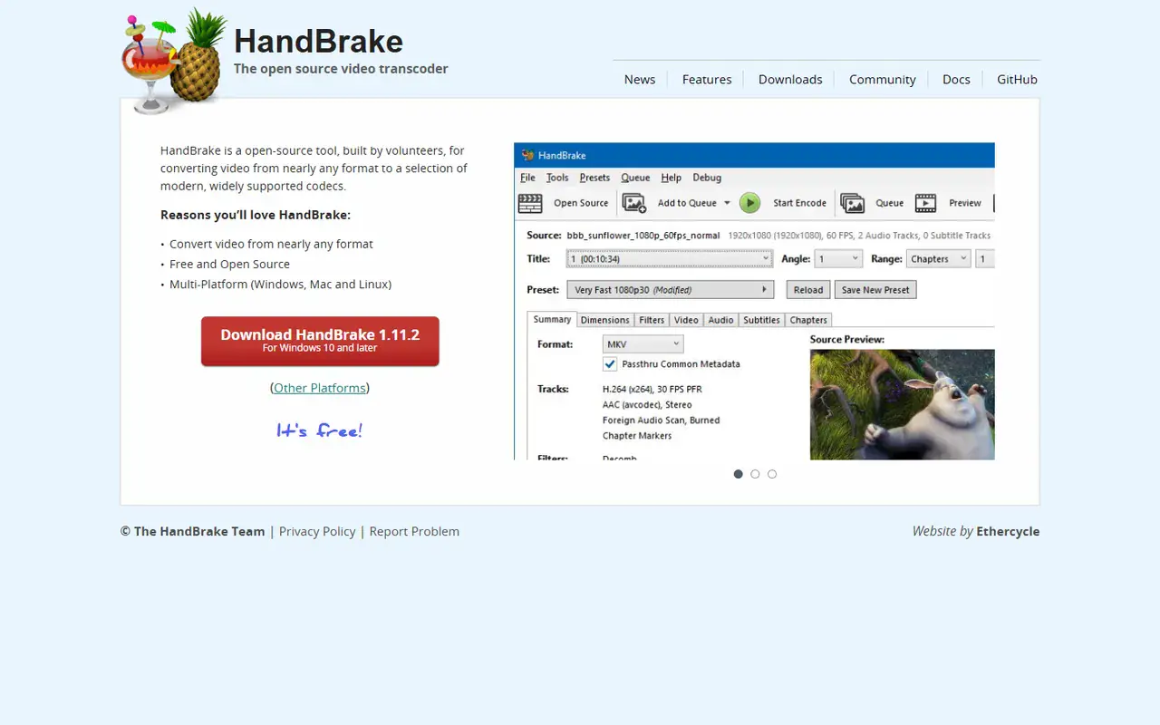 The home page of HandBrake