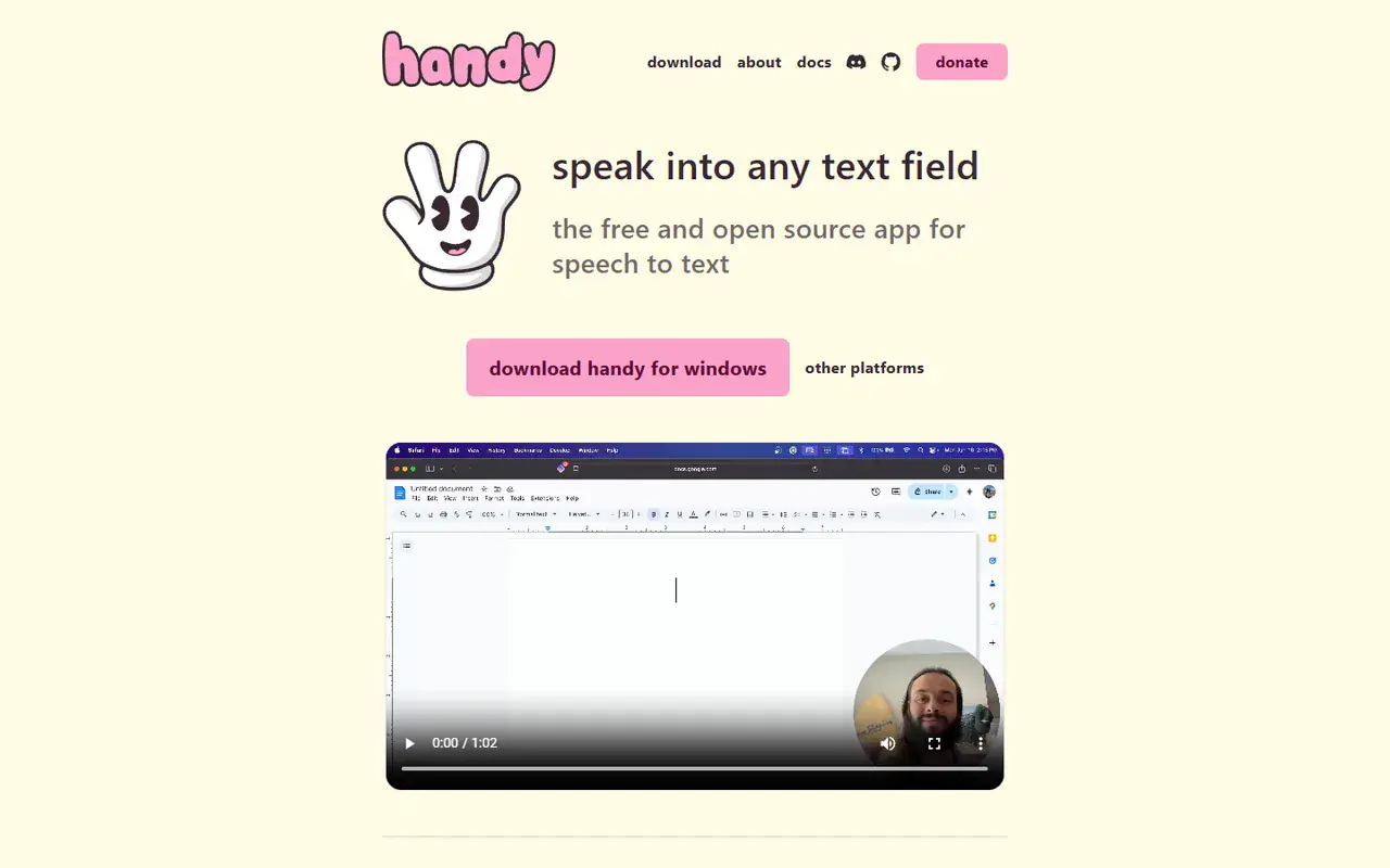 The home page of Handy