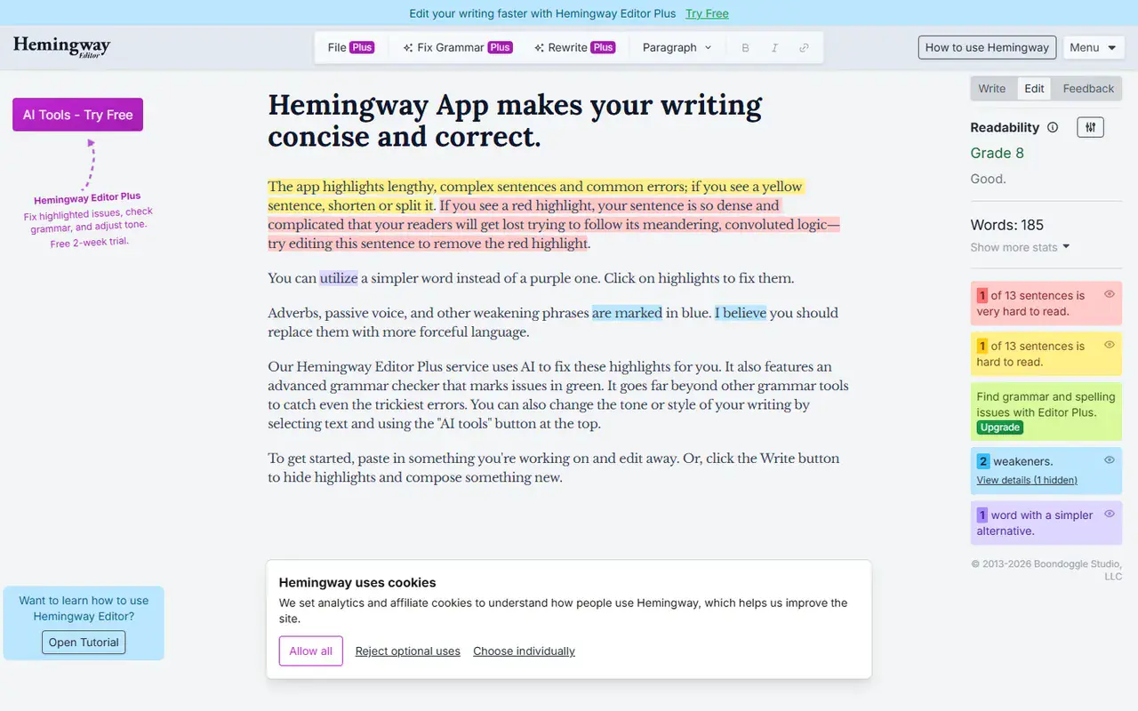 The home page of Hemingway Editor