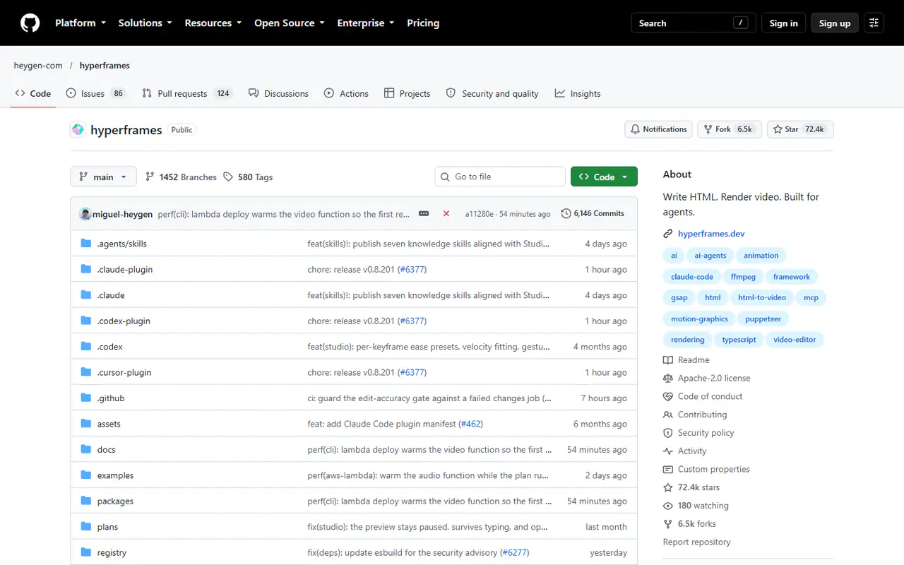 The home page of HyperFrames