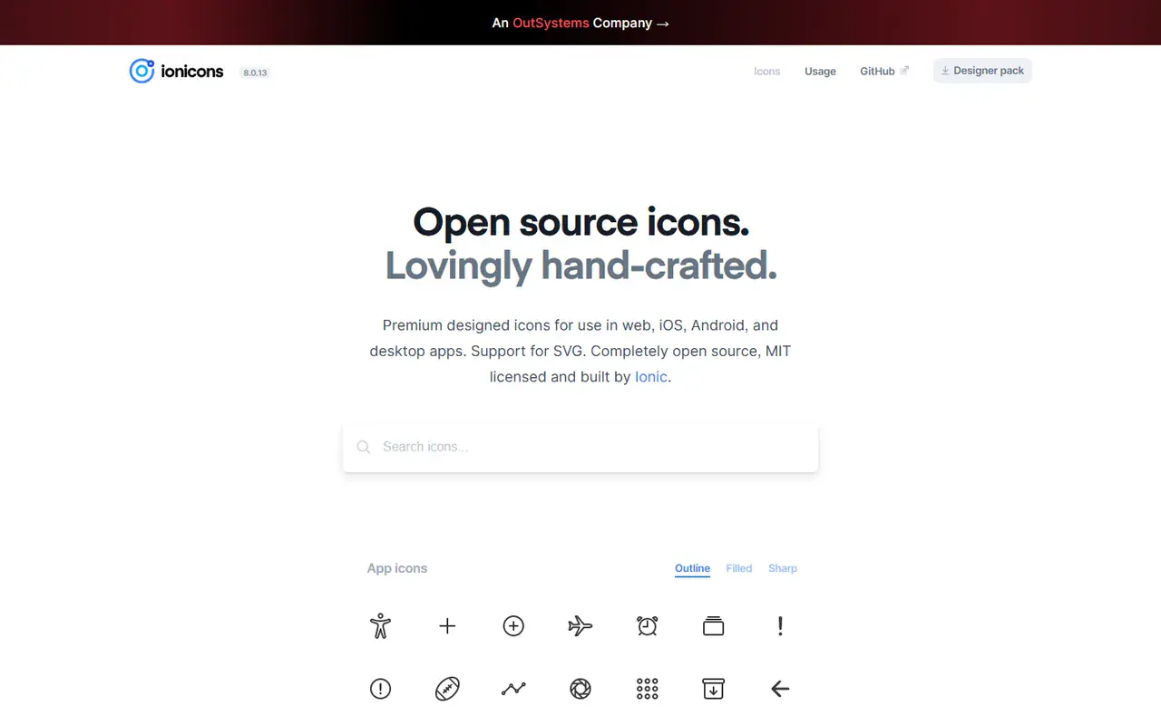 The home page of Ionicons