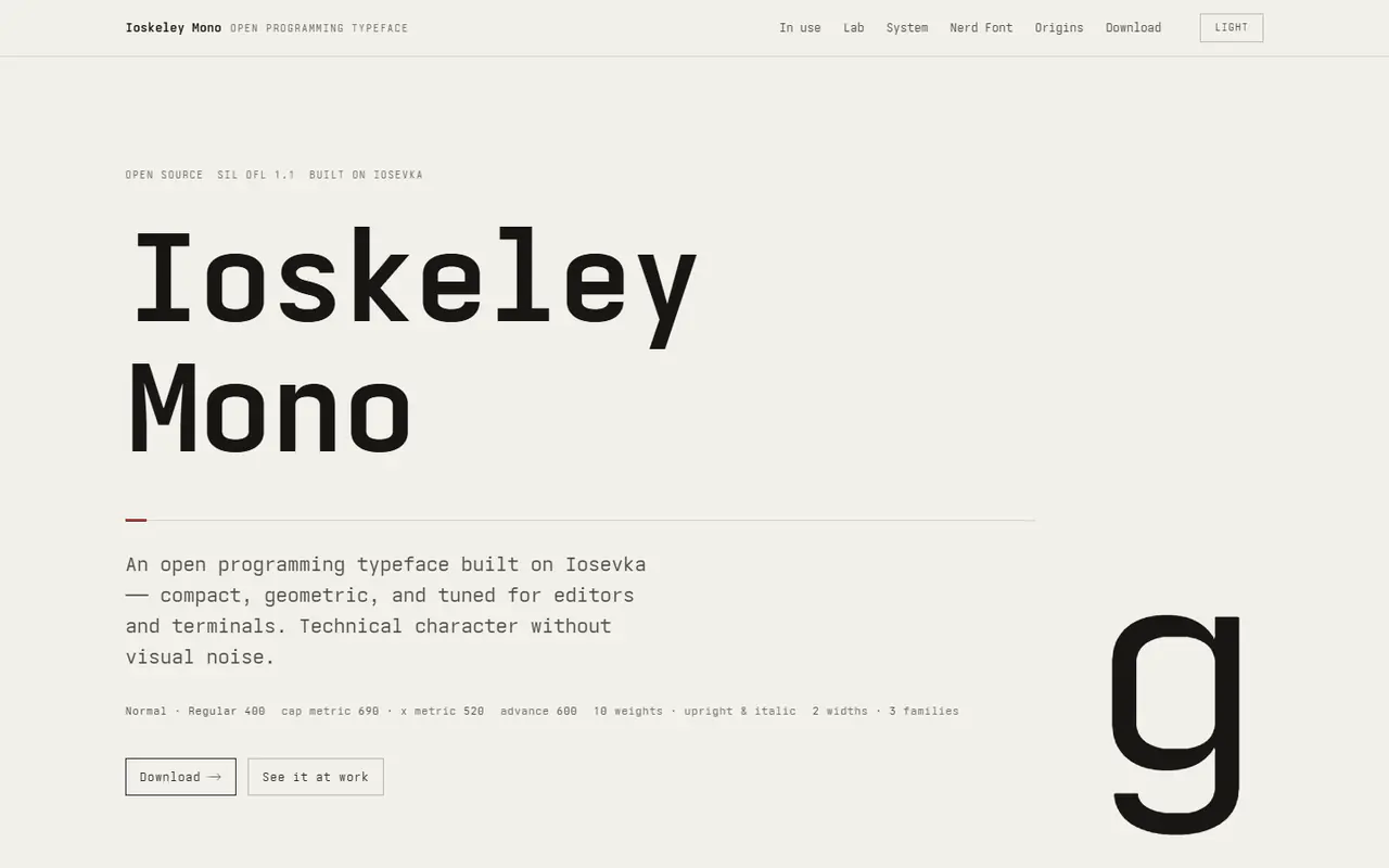 The home page of Ioskeley Mono