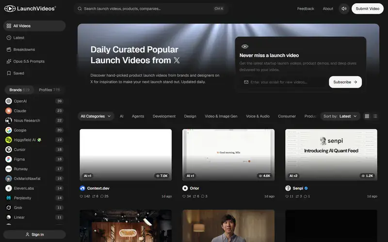 The home page of LaunchVideos.Gallery