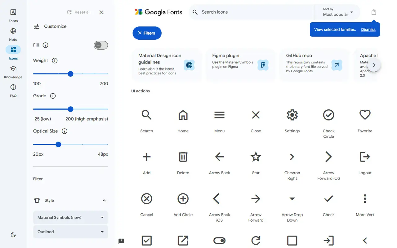 The home page of Material Symbols