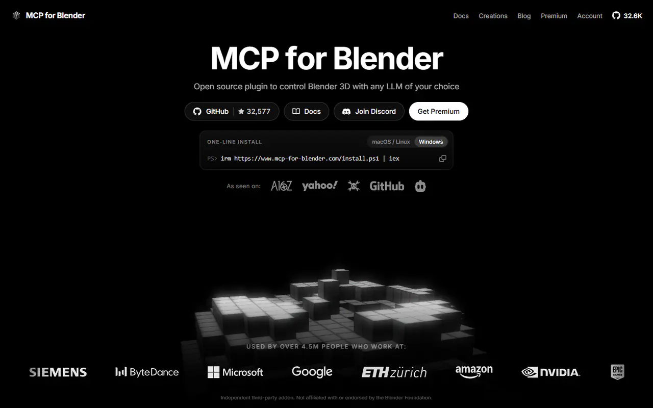 The home page of MCP for Blender