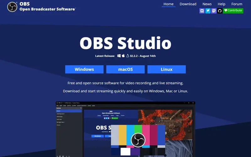 The home page of OBS Studio