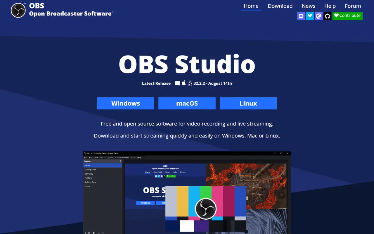 The home page of OBS Studio