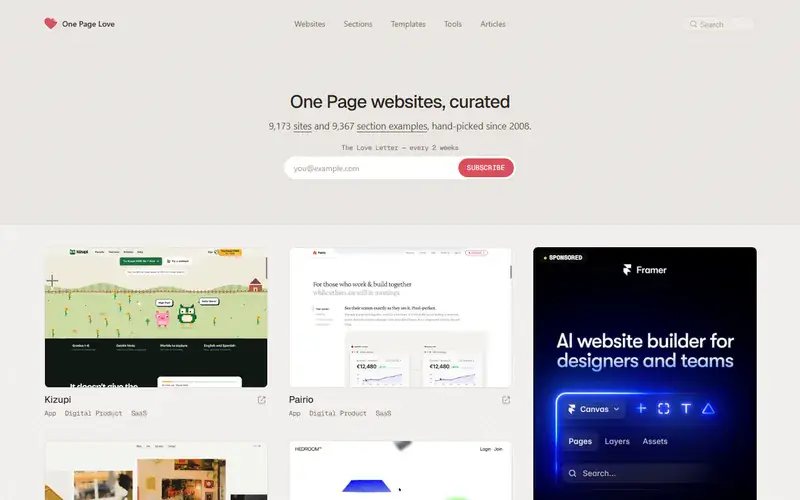 The home page of One Page Love