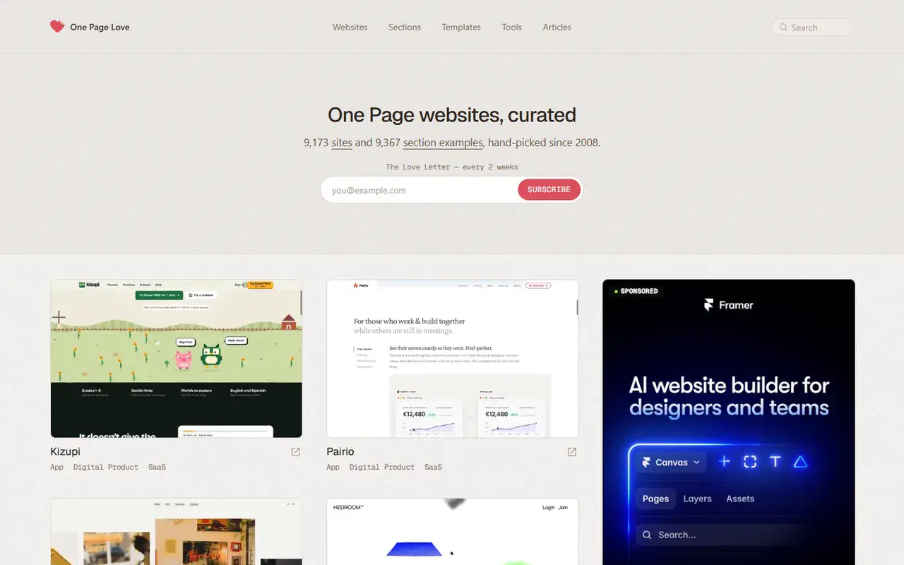 The home page of One Page Love
