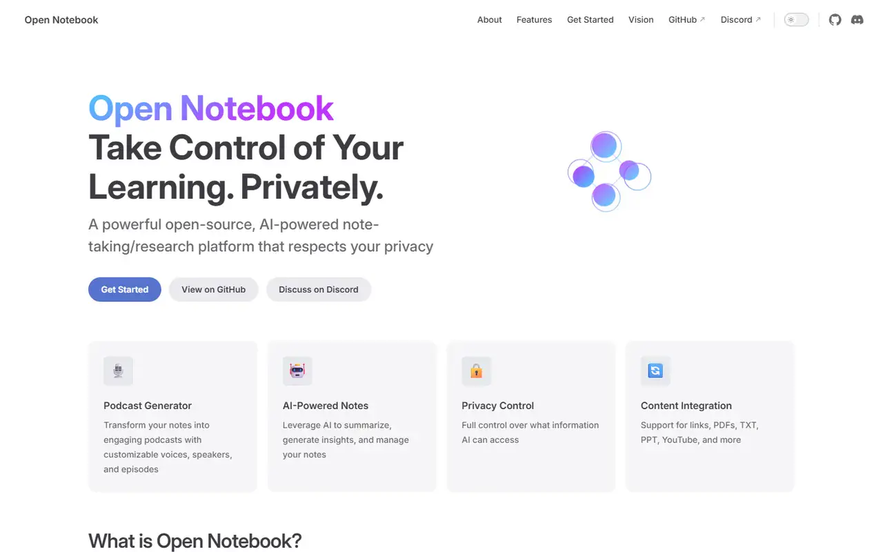 The home page of Open Notebook