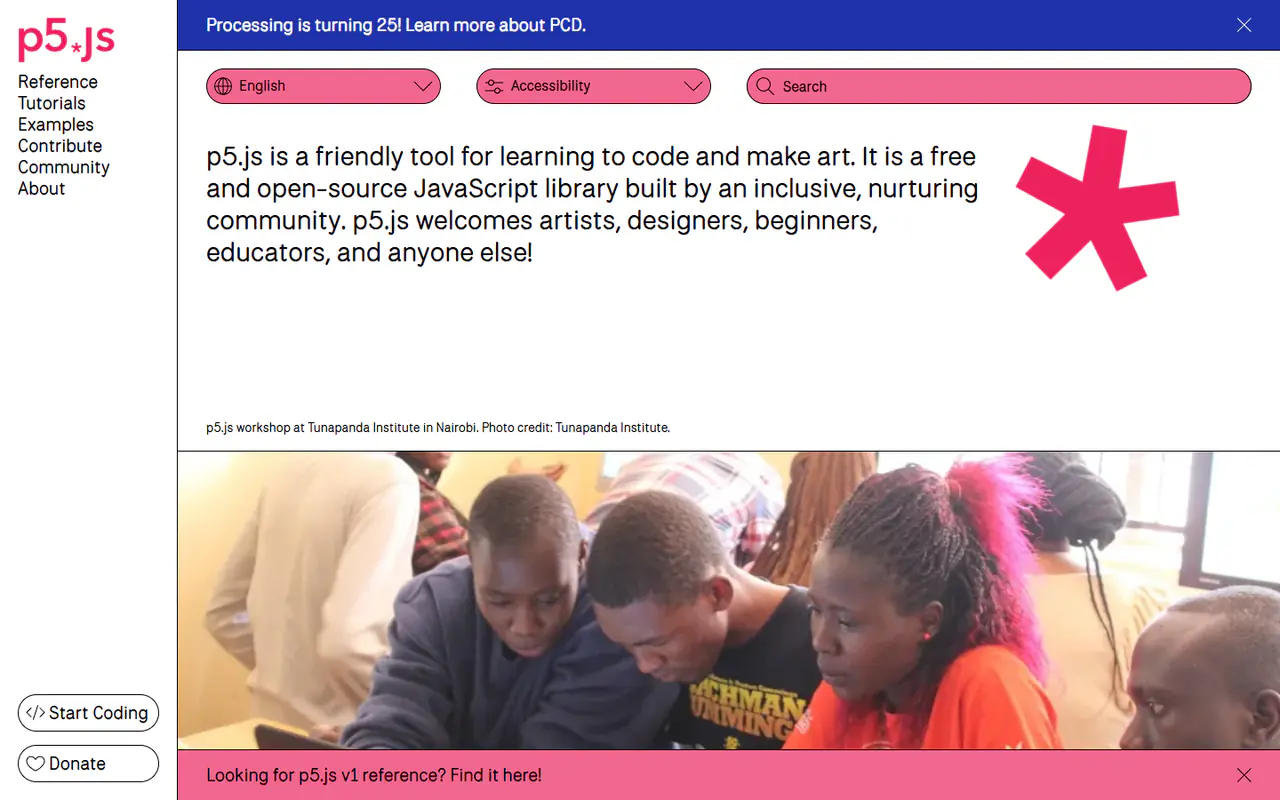 The home page of p5.js