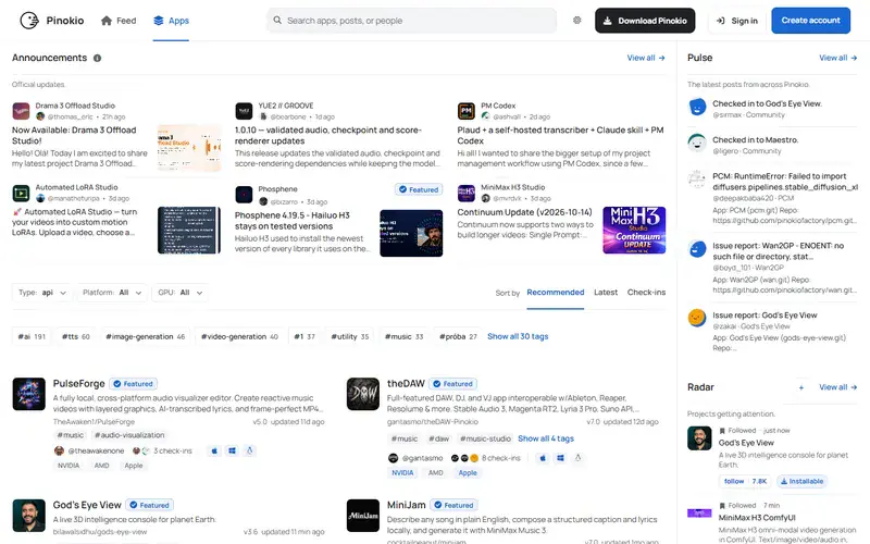 The home page of Pinokio