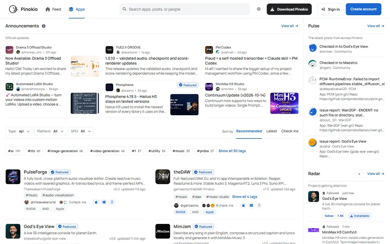 The home page of Pinokio
