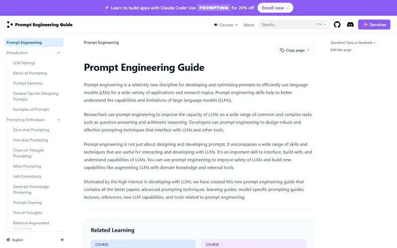 The home page of Prompt Engineering Guide