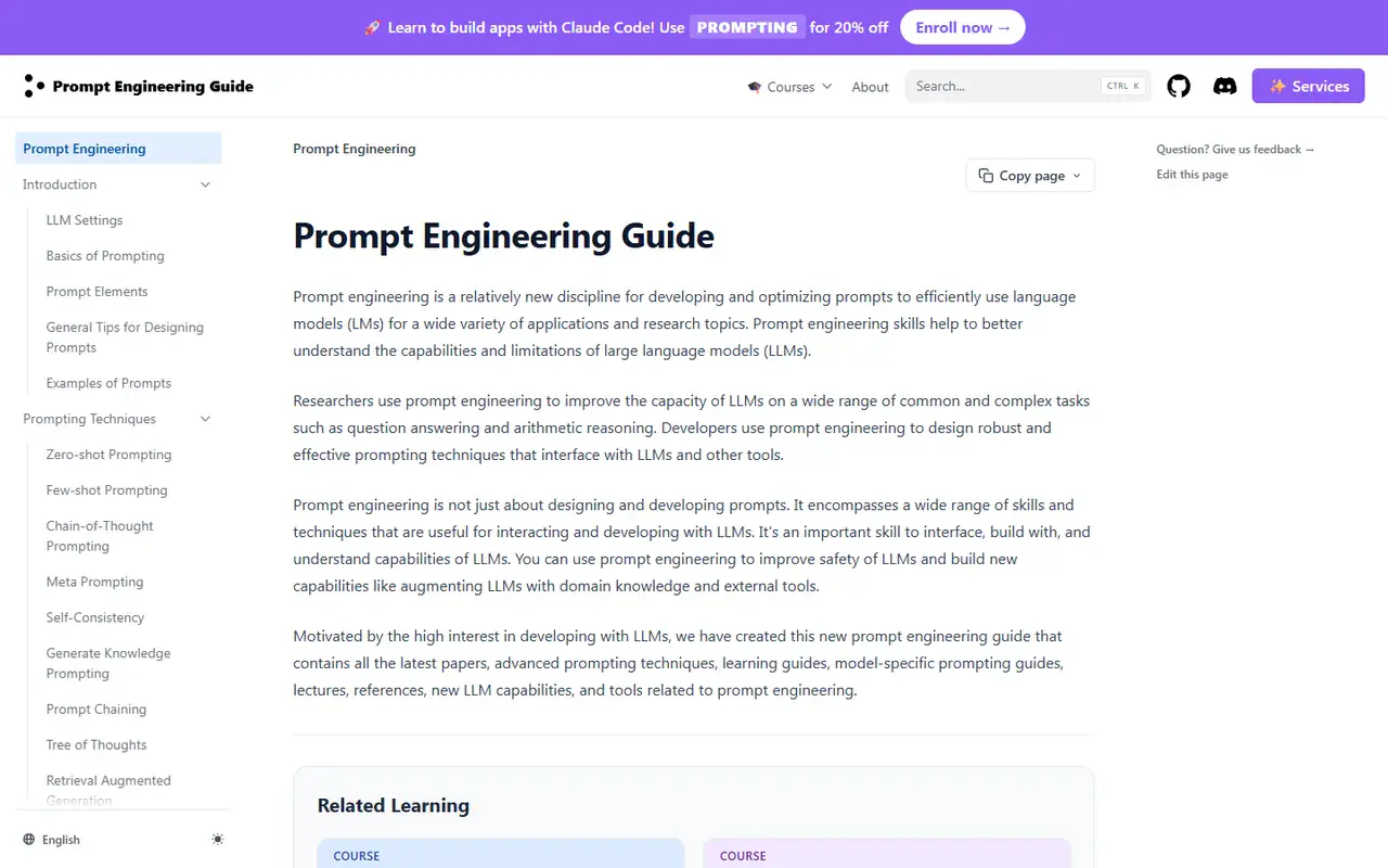 The home page of Prompt Engineering Guide