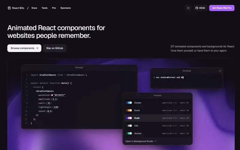 The home page of React Bits