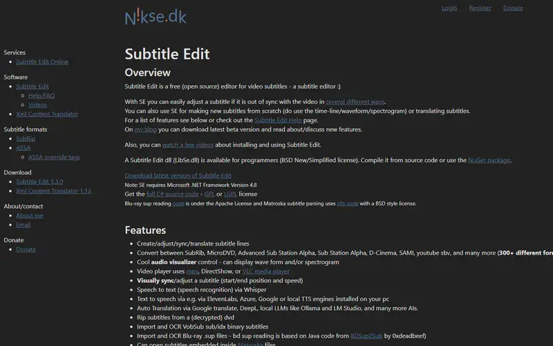 The home page of Subtitle Edit
