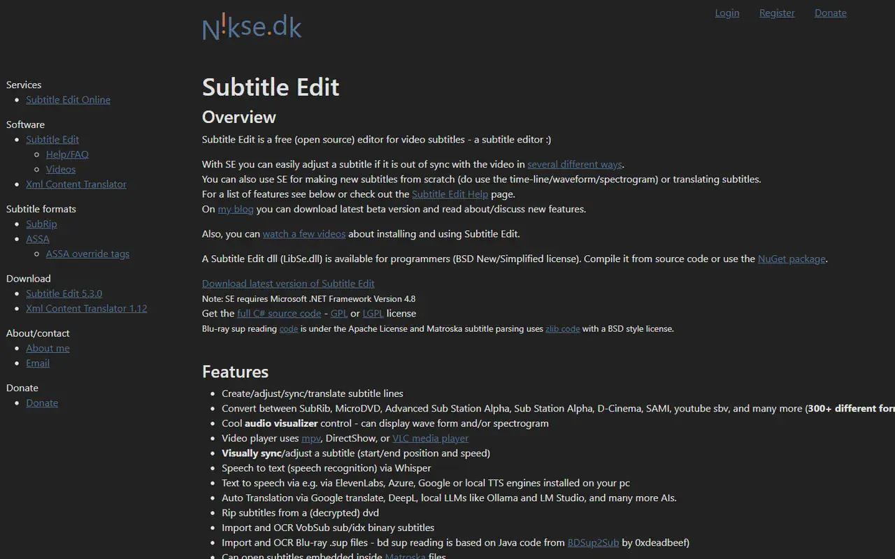 The home page of Subtitle Edit