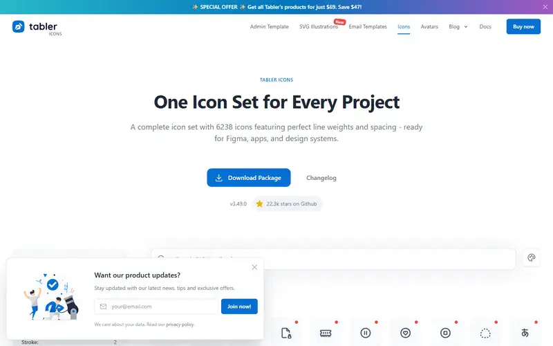 The home page of Tabler Icons