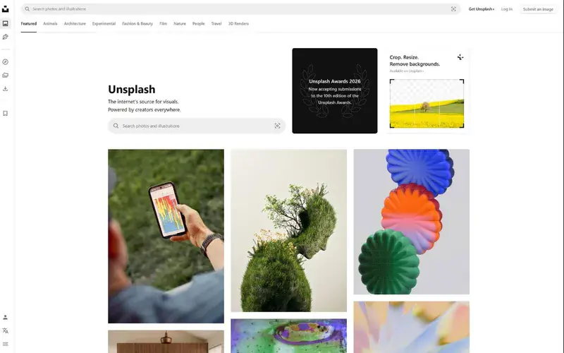 The home page of Unsplash