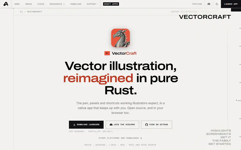 The home page of VectorCraft