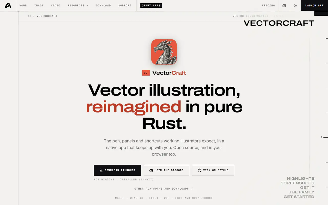 The home page of VectorCraft