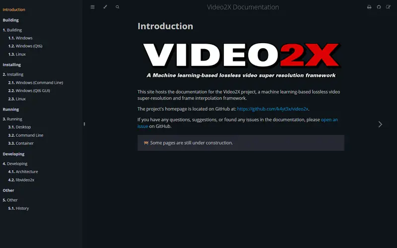 The home page of Video2X