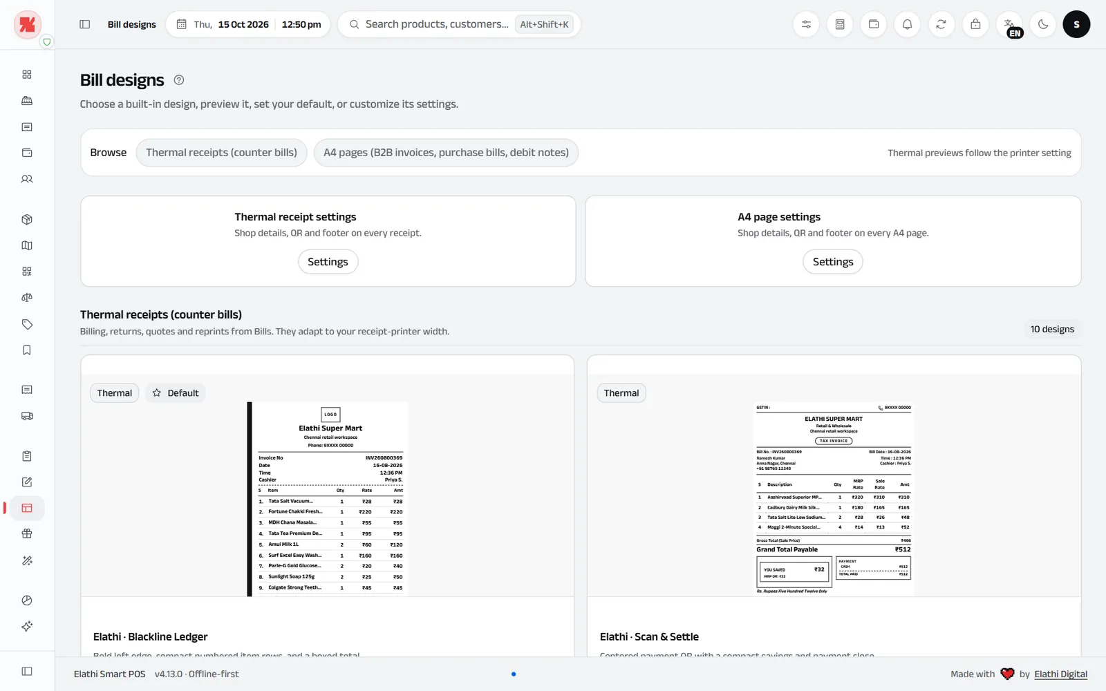 SmartPOS bill designs for thermal receipt printers and A4 GST tax invoices